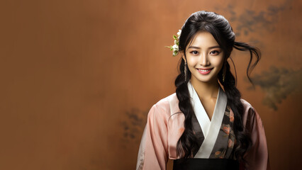 Korean girl in traditional hanbok costume cloth, Smiling woman, long straight black hair