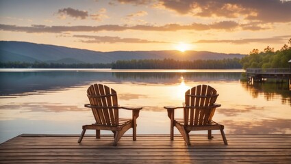 Two wooden chair on the pier during sunset