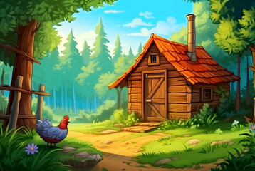 Summer forest. Forest area with cartoon house and sunlight.
