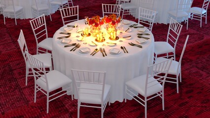 Luxury Table setting. Table settings wait for guests at home or restaurant, artificial potted plant for decoration. 