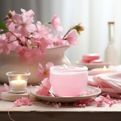 Beautiful spa salon pink composition in wellness center. Spa still life with aromatic candle, sakura flowers, sea ​​salt and towel. Beauty spa treatment and relax. Relaxing pink background. - 642137160