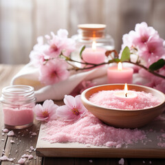 Beautiful spa salon pink composition in wellness center. Spa still life with aromatic candle, sakura flowers, sea ​​salt and towel. Beauty spa treatment and relax. Relaxing pink background. - 642137161