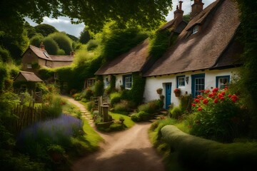 Fototapeta na wymiar Picturesque pathway leading to a quaint countryside cottage - AI Generative