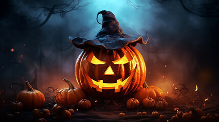 scary halloween pumpkin with magical hat. halloween background wallpaper for events and cards.
