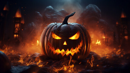 scary halloween jack o lantern with pumpkin. halloween background wallpaper for events and cards.