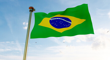 Brazil flag. 3D realistic waving flag background. Flag of Brazil flag waving in the wind, sky and sun background. 