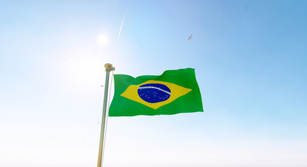 Brazil flag. 3D realistic waving flag background. Flag of Brazil flag waving in the wind, sky and sun background. 