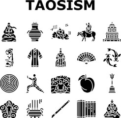 taoism yang yin ying chinese icons set vector. harmony philosophy, china religion, yinyang fish, ghost jang, book carp taoism yang yin ying chinese glyph pictogram Illustrations