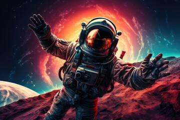 Astronaut in space suit against abstract cosmic background. Deep space exploration