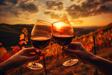 Two hands hold wine glasses against sunset background. Couple drinks wine outdoors. Man and woman are having romantic dinner