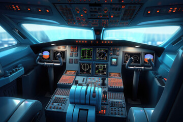 Pilot flight deck in civil airplane. Plane cockpit interior with control panel. Airplane cabin with dashboard and pilot seats