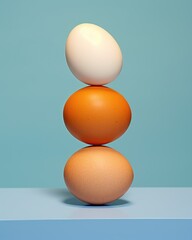 Three eggs with different colors are stacked and balanced on a blue background