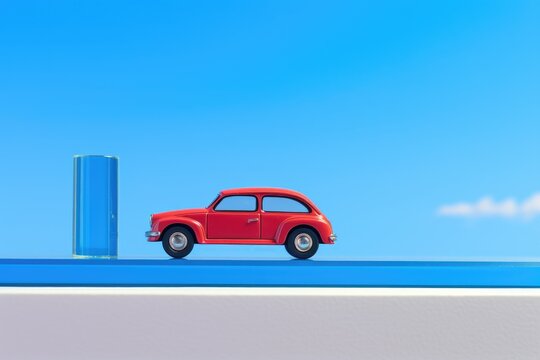 a toy car on a glass table under the blue sky