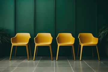 Obraz premium rows of yellow chairs on a green wall