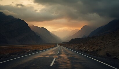 empty road with a sunset in the mountains in the distance - obrazy, fototapety, plakaty