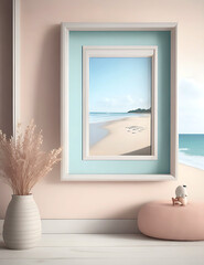 Mockup frame in Coastal interior background, room in light pastel colors, 3d render