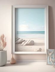 Mockup frame in Coastal interior background, room in light pastel colors, 3d render