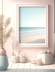 Mockup frame in Coastal interior background, room in light pastel colors, 3d render
