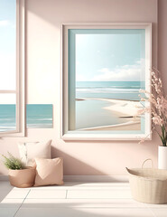 Mockup frame in Coastal interior background, room in light pastel colors, 3d render
