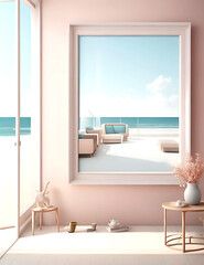 Mockup frame in Coastal interior background, room in light pastel colors, 3d render