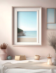 Mockup frame in Coastal interior background, room in light pastel colors, 3d render