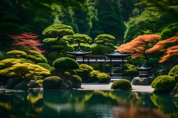 Tranquil and serene Japanese garden, with meticulously manicured trees and peaceful water features - AI Generative