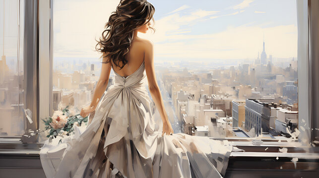 Painting of a woman in a white wedding dress looking out a window at an epic urban panoramic view
