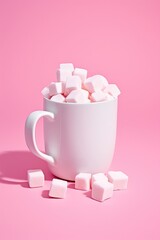 a white mug overflowing with white sugar cubes on a pink background