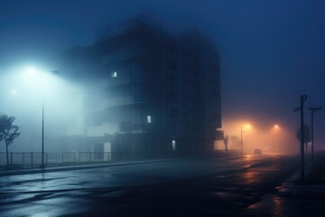 night city street and building a foggy night