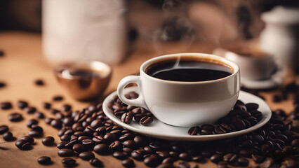 a hot cup of coffee with beans