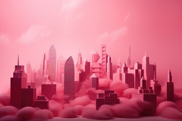 a pink toy city skyline with clouds made of cotton on a pink background