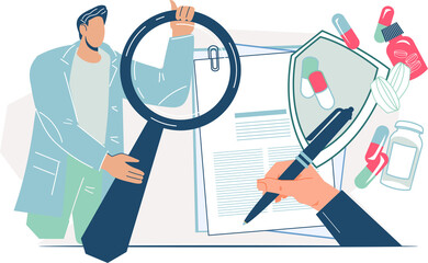 Regulatory and safety control measures in pharmaceutical industry banner. Drug regulations, safety controls FDA ensuring the quality of pharmaceutical products.