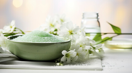 Beautiful spa salon green composition in wellness center. Spa still life with aromatic candle, flower, sea ​​salt and towel. Beauty spa treatment and relax. Relaxing green background, generative ai