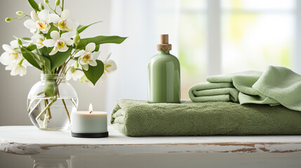 Beautiful spa salon green composition in wellness center. Spa still life with aromatic candle,...