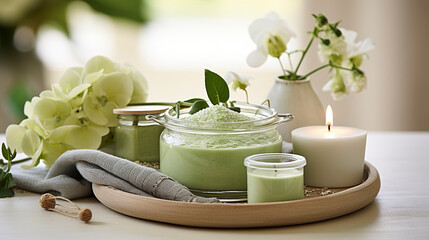 Obraz na płótnie Canvas Beautiful spa salon green composition in wellness center. Spa still life with aromatic candle, orchid flower, sea ​​salt and towel. Beauty spa treatment and relax. Relaxing green background.