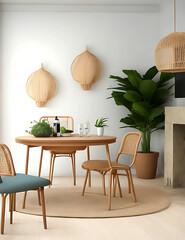 Home interior mock-up with rattan furniture, table and decor in living room, 3d render