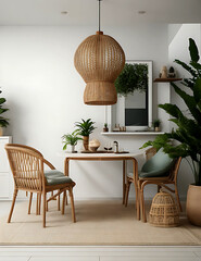 Home interior mock-up with rattan furniture, table and decor in living room, 3d render