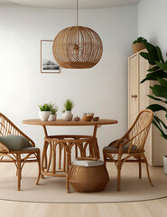 Home interior mock-up with rattan furniture, table and decor in living room, 3d render