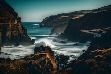 Obraz premium Coastal road with crashing waves and rugged cliffs - AI Generative