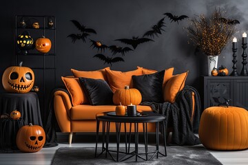 Living room with orange couch decorated for Halloween. Creative modern black and orange design interior. Generative AI.