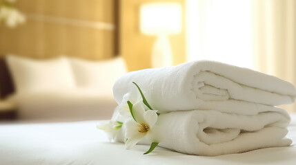 Fototapeta na wymiar White fresh towels on bed in hotel room. Creative banner for hotel service. 