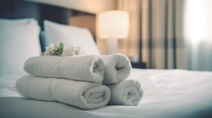 Fototapeta na wymiar White fresh towels on bed in hotel room. Creative banner for hotel service. 