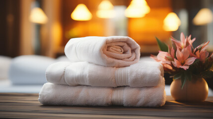 White fresh towels on bed in hotel room. Creative banner for hotel service.  - obrazy, fototapety, plakaty