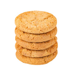 Oatmeal cookies, five pieces stacked, isolated on white background with clipping path