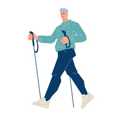 Elderly man does Nordic walking workout for concept of sport workout is perfect for elderly people and all fitness levels. Nordic walking activity, flat vector illustration isolated on white.