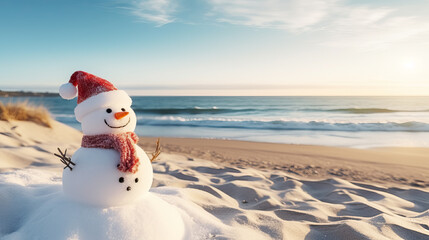 Snowman in a Santa Claus hat on a sandy white beach on the Caribbean Sea. Celebration of the New Year in warm countries. Travel. - obrazy, fototapety, plakaty