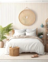 Home mockup, bedroom interior background with rattan furniture and blank wall, Coastal style, 3d render