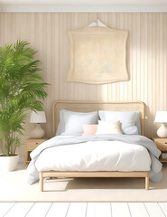 Home mockup, bedroom interior background with rattan furniture and blank wall, Coastal style, 3d render