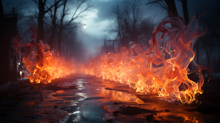 Fototapeta premium autumn night landscape with fiery road