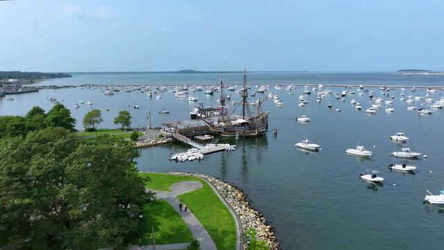 Aerial view of the Mayflower II with Plymouth Harbor in the background